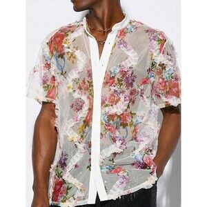 Manfinity Men's White Sheer Floral Shirt Large Shein Se Thru Sexy